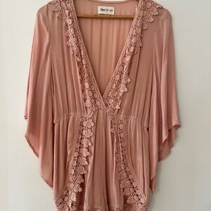 Kiss The Dusty Pink Plunge V-Neck 3/4 Bell Sleeve Lace Crochet Jumpsuit Romper L